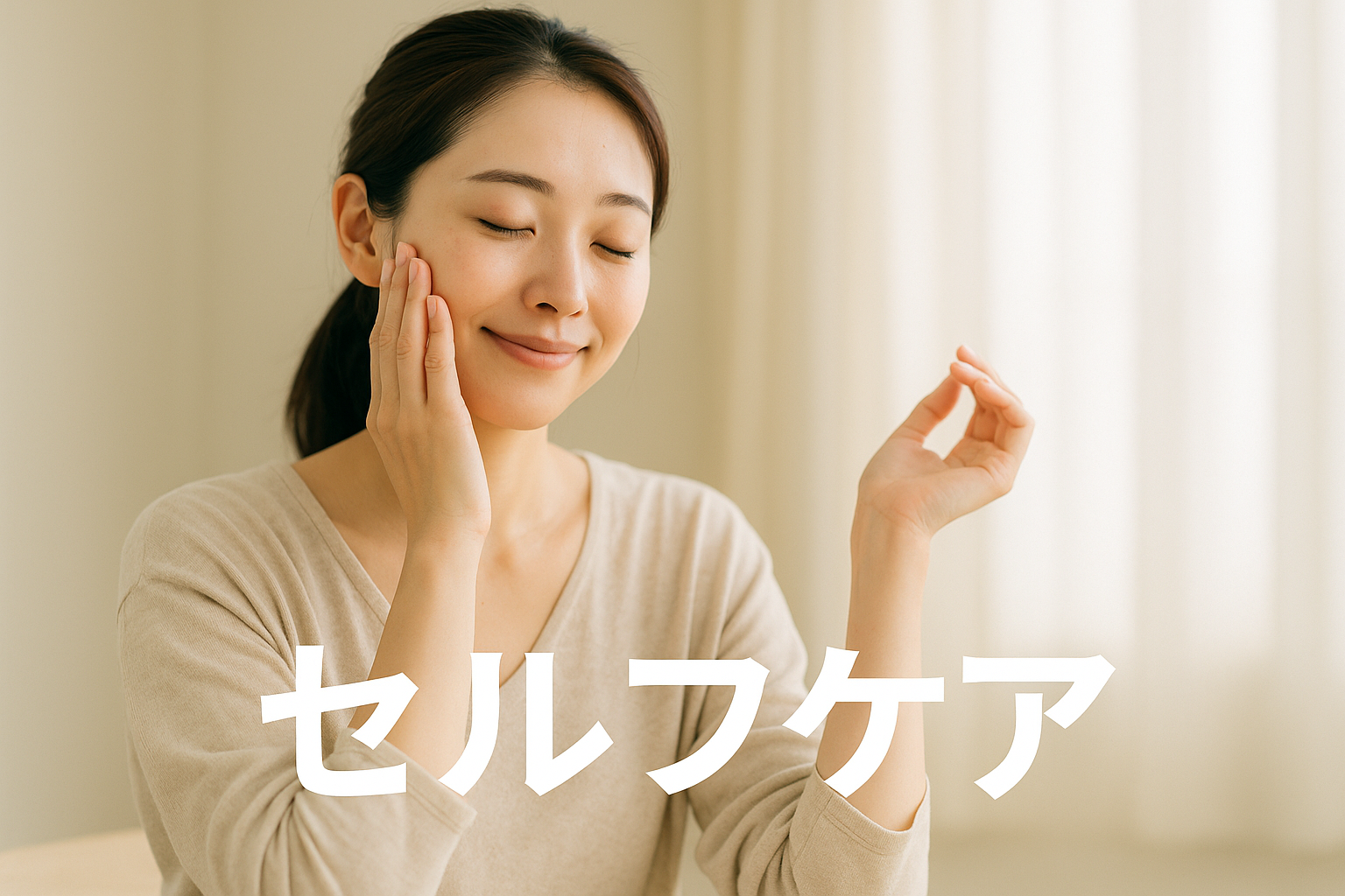 自然光の差し込む室内で、リラックスした服装の日本人女性が頬に手をあててスキンケアをしている様子。背景は明るく、画像下部に「セルフケア」というテキストが表示された、清潔感のある写真風アイキャッチ画像。