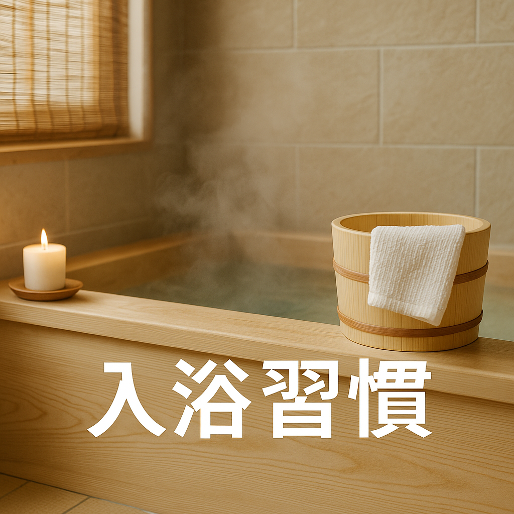 湯気が立ちのぼる木製の浴槽と、手前に置かれた木桶と白いタオル。横にはキャンドルが灯り、和風のバスルームに柔らかな光が差し込む。下部に「入浴習慣」というテキストが表示された静かな雰囲気の画像。