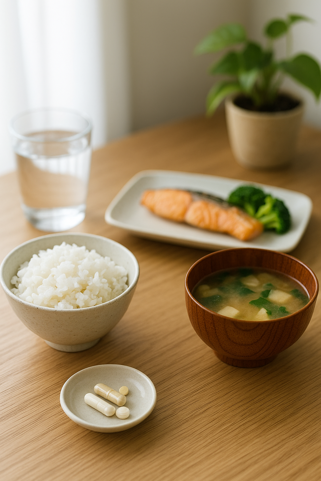 「白ごはん、味噌汁、焼き鮭、ゆでブロッコリー、小皿に盛られたサプリメントが並ぶ、朝の自然光に包まれた健康的な和朝食のテーブル風景。」