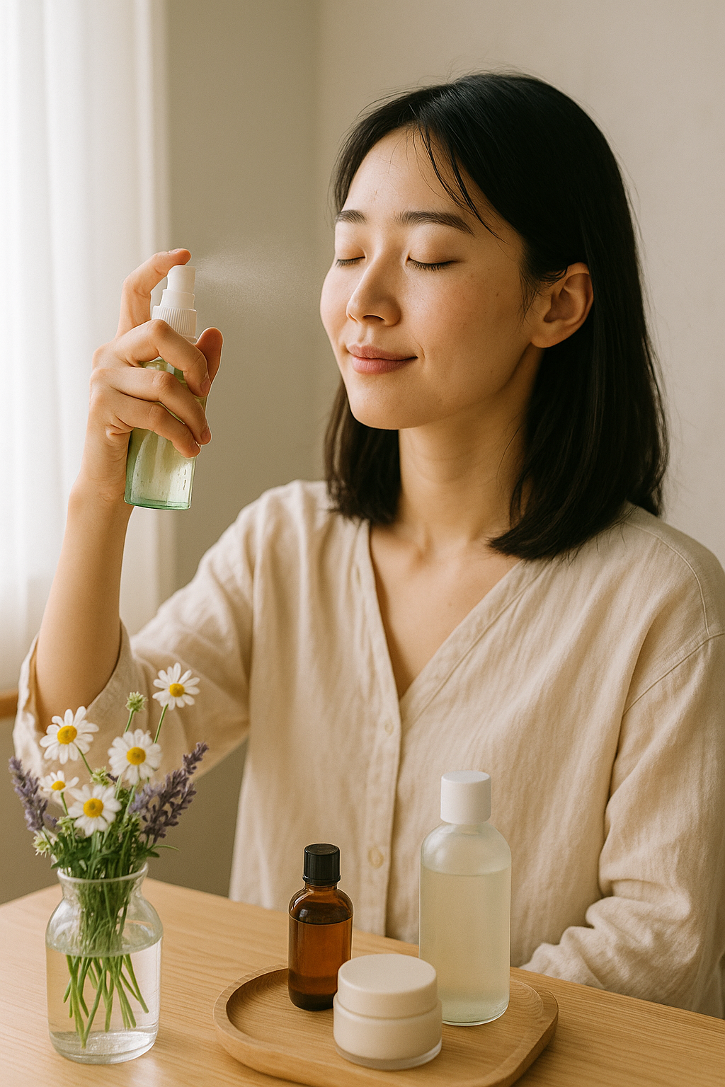 若い日本人女性が穏やかな表情でボタニカルミストを顔に吹きかけている様子。テーブルにはナチュラルなスキンケア用品と、カモミールとラベンダーの花が飾られている。柔らかい自然光が差し込む木目調のインテリア。