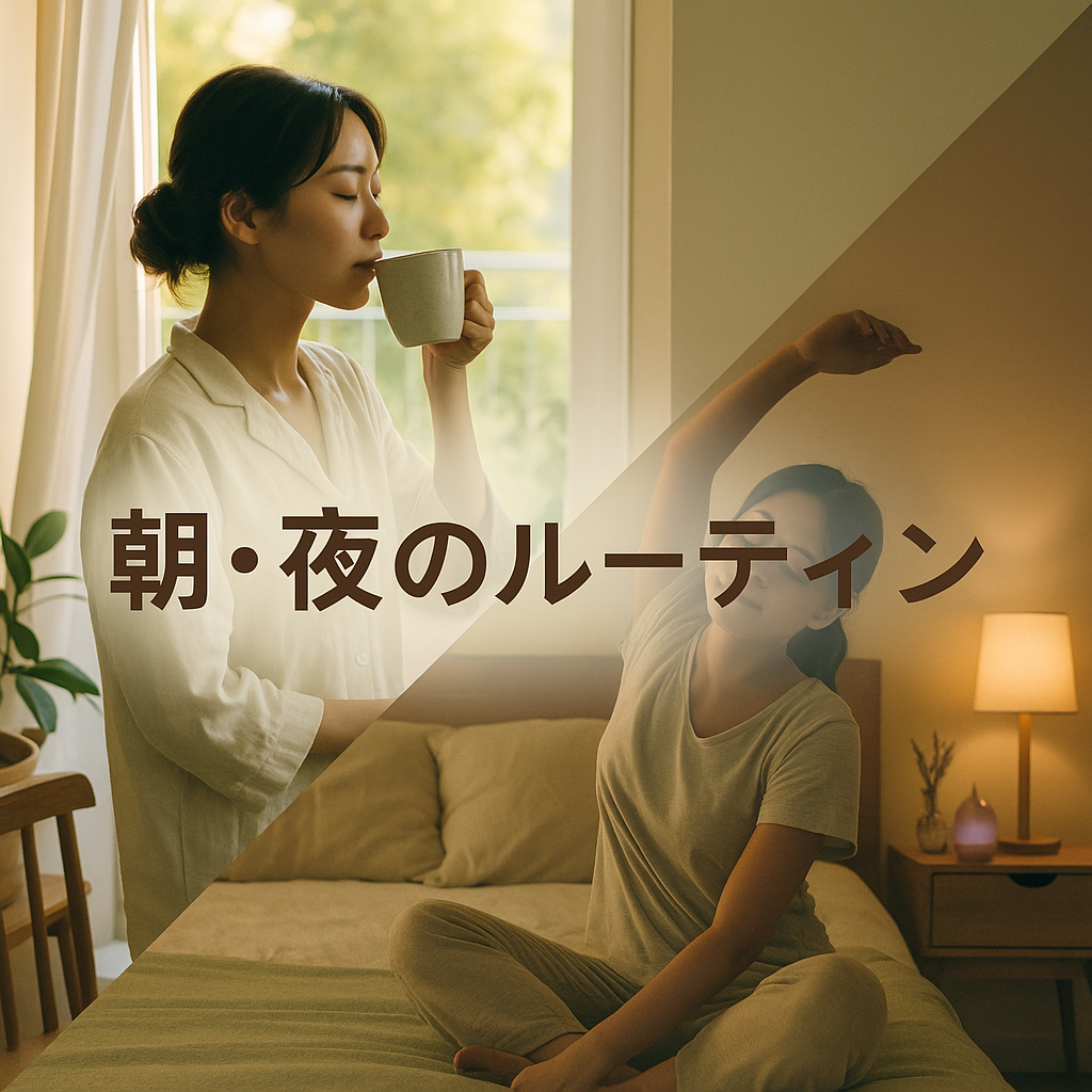 「朝日を浴びてコーヒーを飲む女性と、夜にストレッチをする女性を斜めに分割した構図。中央には“朝・夜のルーティン”の日本語タイトルが表示されている。」