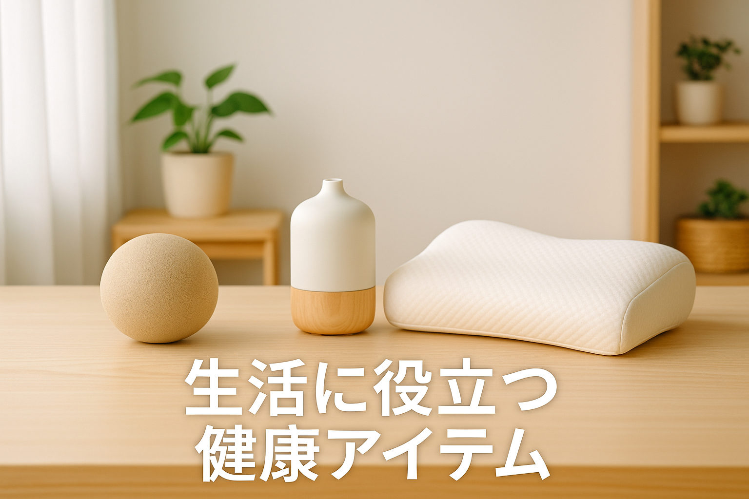 「木製のテーブルの上に、ストレッチボール、アロマディフューザー、快眠枕が整然と並んでいる。背景には白いカーテンと観葉植物があり、やさしい自然光が差し込むナチュラルな室内。下部に“生活に役立つ健康アイテム”という日本語のテキストが表示されている。」