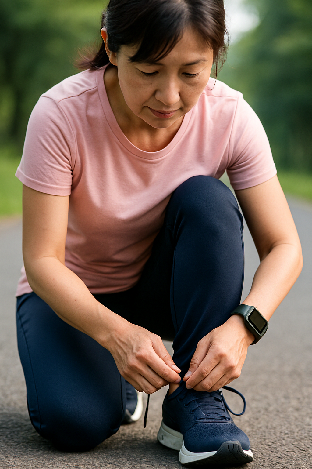 ウォーキング前に靴紐を結ぶ40代の日本人女性。淡いピンクのスポーツウェアとネイビーのパンツを着用し、足元のネイビーのシューズとスマートウォッチが写っている。自然の中の舗装された道でしゃがんだ姿勢。