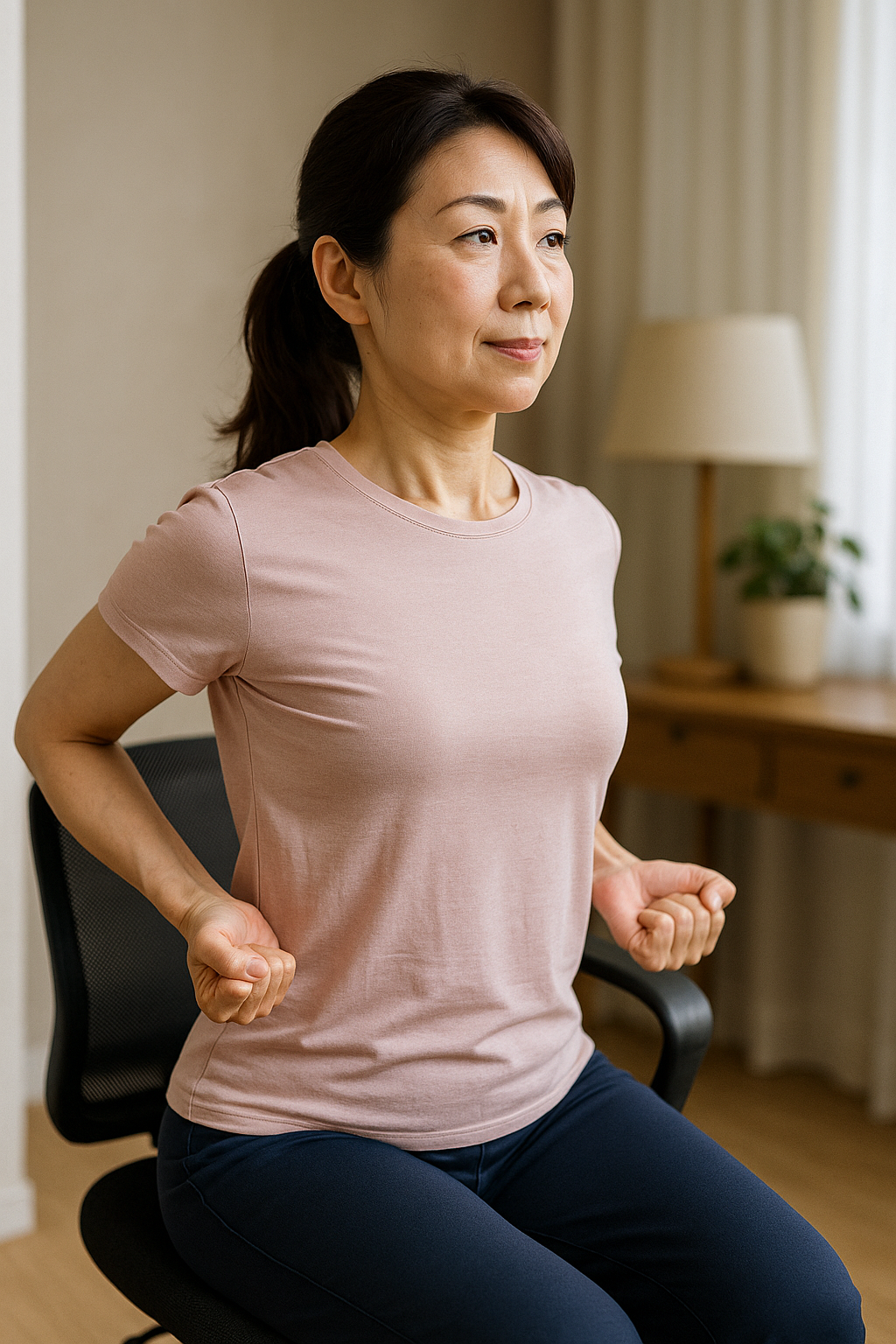 椅子に座り、肩甲骨を寄せる姿勢改善ストレッチを行う40代の日本人女性。パステルピンクのスポーツシャツとネイビーのパンツに、自然光の差し込む室内で、穏やかな表情と清潔感のある雰囲気。