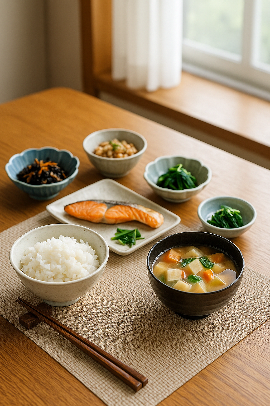「一汁三菜の和食メニューが並ぶ朝の食卓。味噌汁、焼き魚、納豆、小鉢のお浸し、白ごはんが陶器の器に盛られ、木のテーブルに和のランチョンマットが敷かれている。自然光が差し込む清潔感のある室内で、温かみのある雰囲気。」