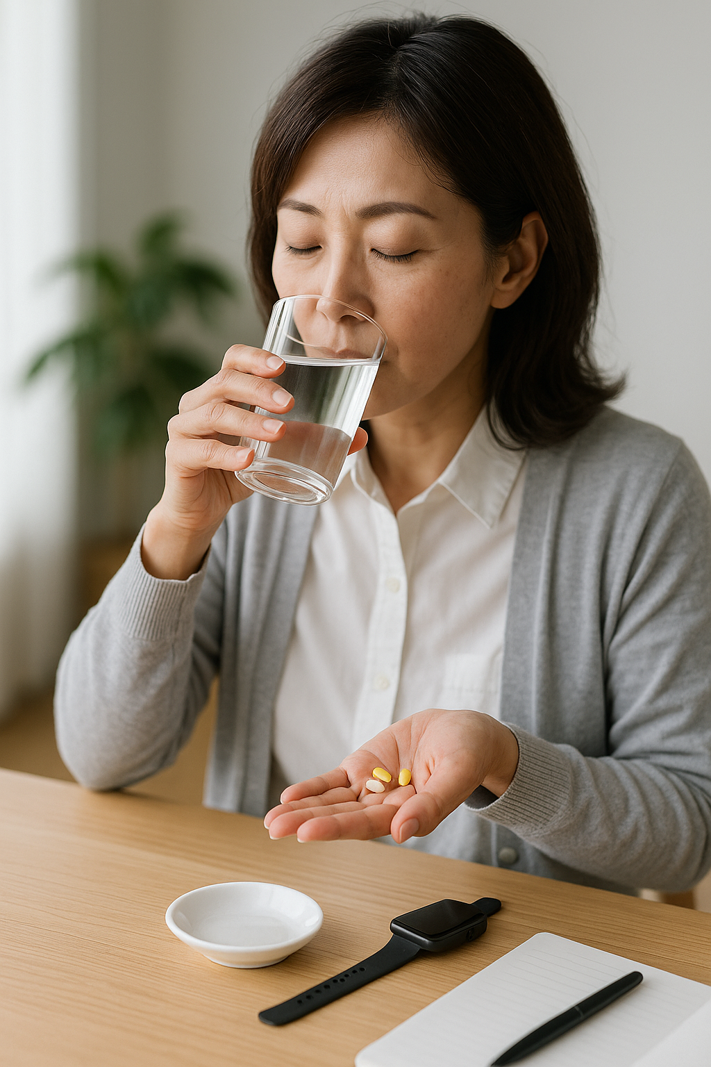 「朝の自然光が差し込むダイニングで、白いカッターシャツとグレーのカーディガンを着た40代の日本人女性が、口元に透明なガラスのコップを当てて水を飲もうとしている。もう片手には数粒のサプリメントを持ち、テーブルの上には白い小皿や観葉植物、ノートが置かれている。清潔感と健康的な生活習慣を感じさせるシーン。」