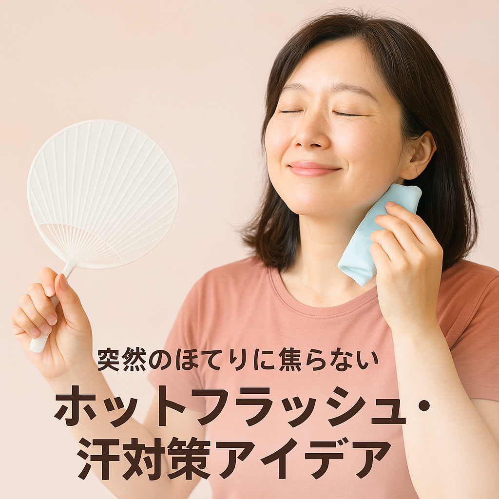 「ほてり対策としてうちわと冷感シートでケアする40代女性。やさしく穏やかな表情でホットフラッシュに向き合う様子。下部に『突然のほてりに焦らない ホットフラッシュ・汗対策アイデア』の文字入り。」