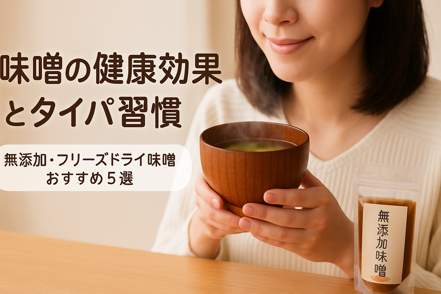 30〜40代女性が木製のお椀で味噌汁を手に持ち、横に無添加味噌パックが置かれている。左側に「味噌の健康効果とタイパ習慣」「無添加・フリーズドライ味噌おすすめ5選」という日本語テキストが表示されたブログ記事用アイキャッチ画像。