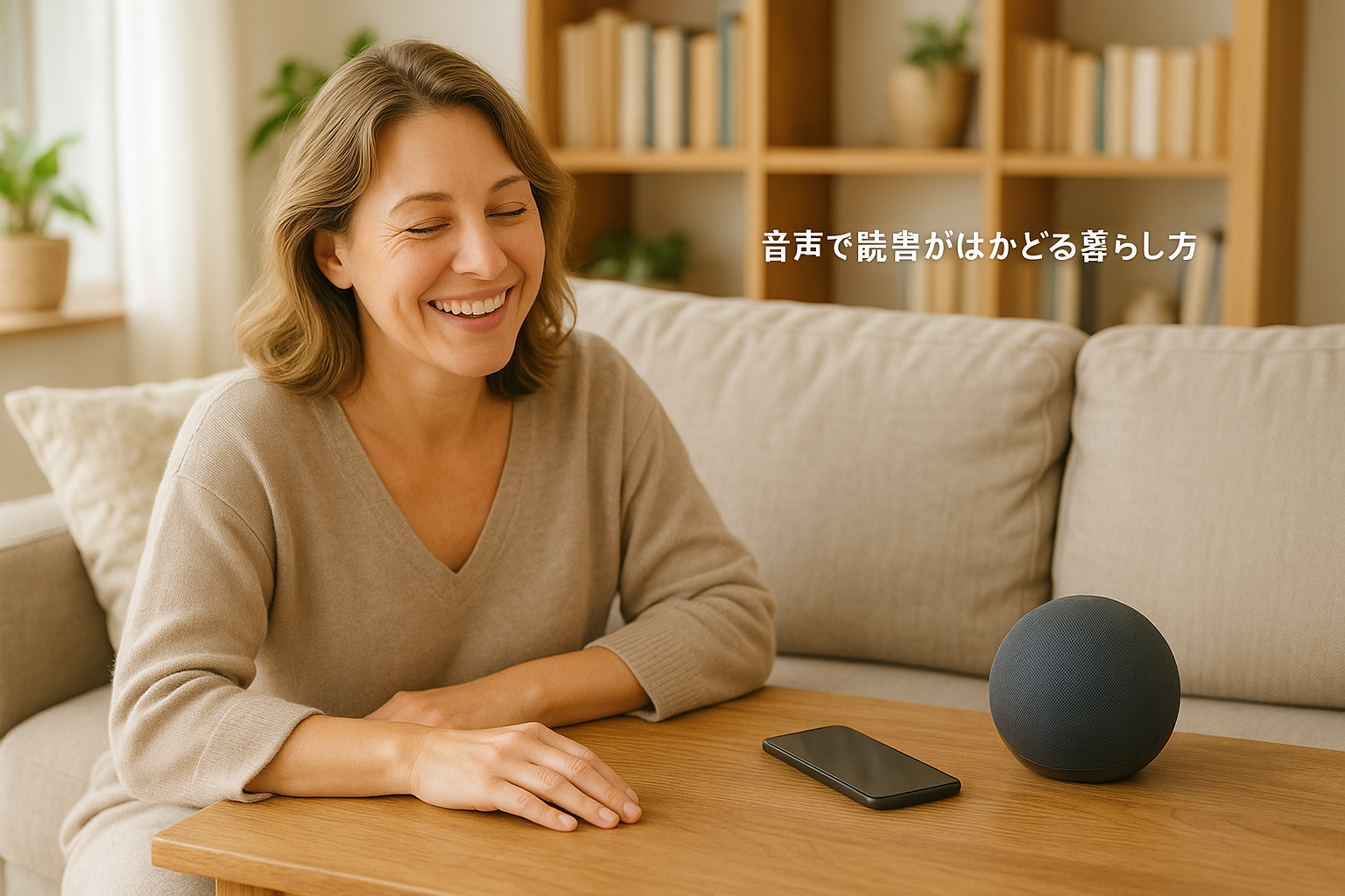 ソファでリラックスしながら音声を楽しむ女性。ナチュラルなリビングにスマートスピーカーとスマホが置かれ、「音声で読書がはかどる暮らし方」のテキストが右上に表示されている。
