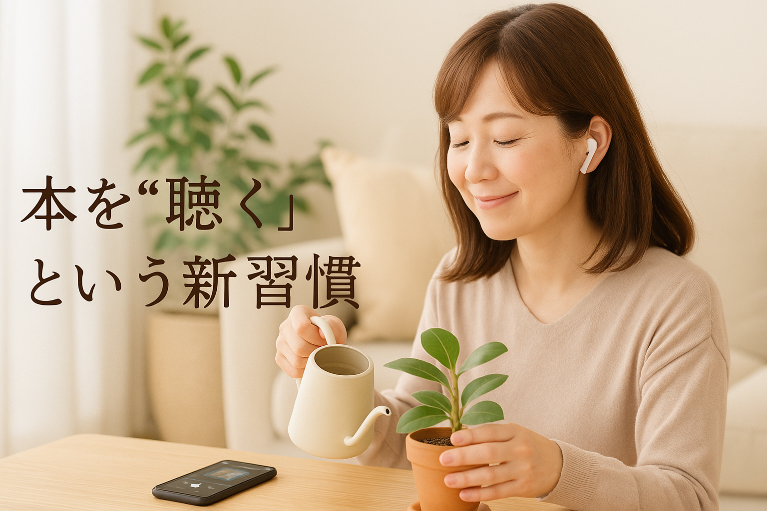 「40代の女性が自宅のリビングで観葉植物に水をやりながら、BluetoothイヤホンでAudibleを聴いている様子。“本を聴くという新習慣”という日本語テキスト入り。」