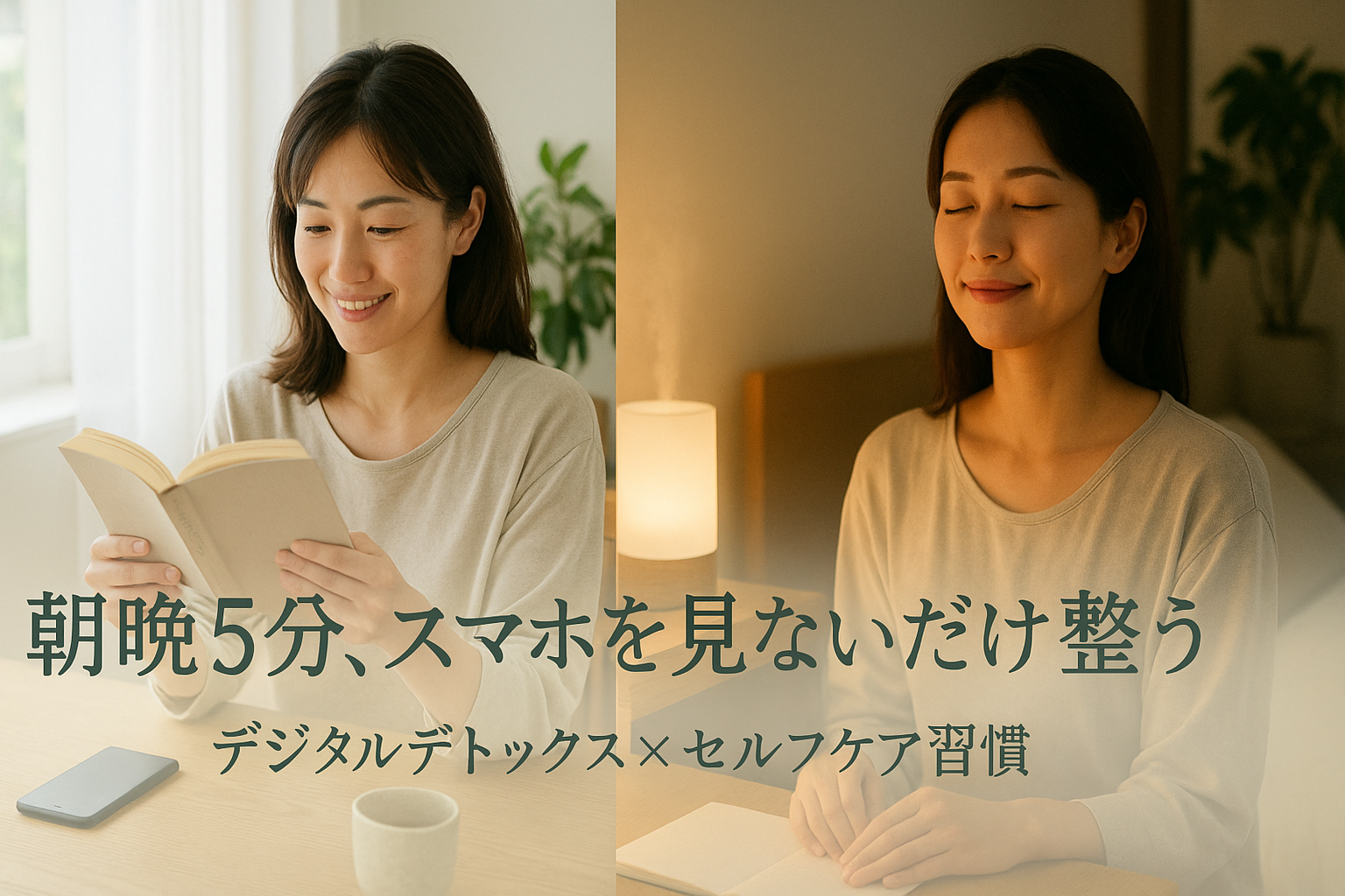 朝晩5分、スマホを見ないだけで整う」という日本語テキストが入った横長画像。左側には朝の光の中、本を読んで微笑む30代の女性。右側には夜の間接照明のもと、目を閉じて深呼吸する同じ女性。テーブルにはアロマディフューザーや湯呑みなどがあり、落ち着いたセルフケアの雰囲気が表現されている。 必要であれば、短縮版やSNS投稿用キャプション風にも調整できます。