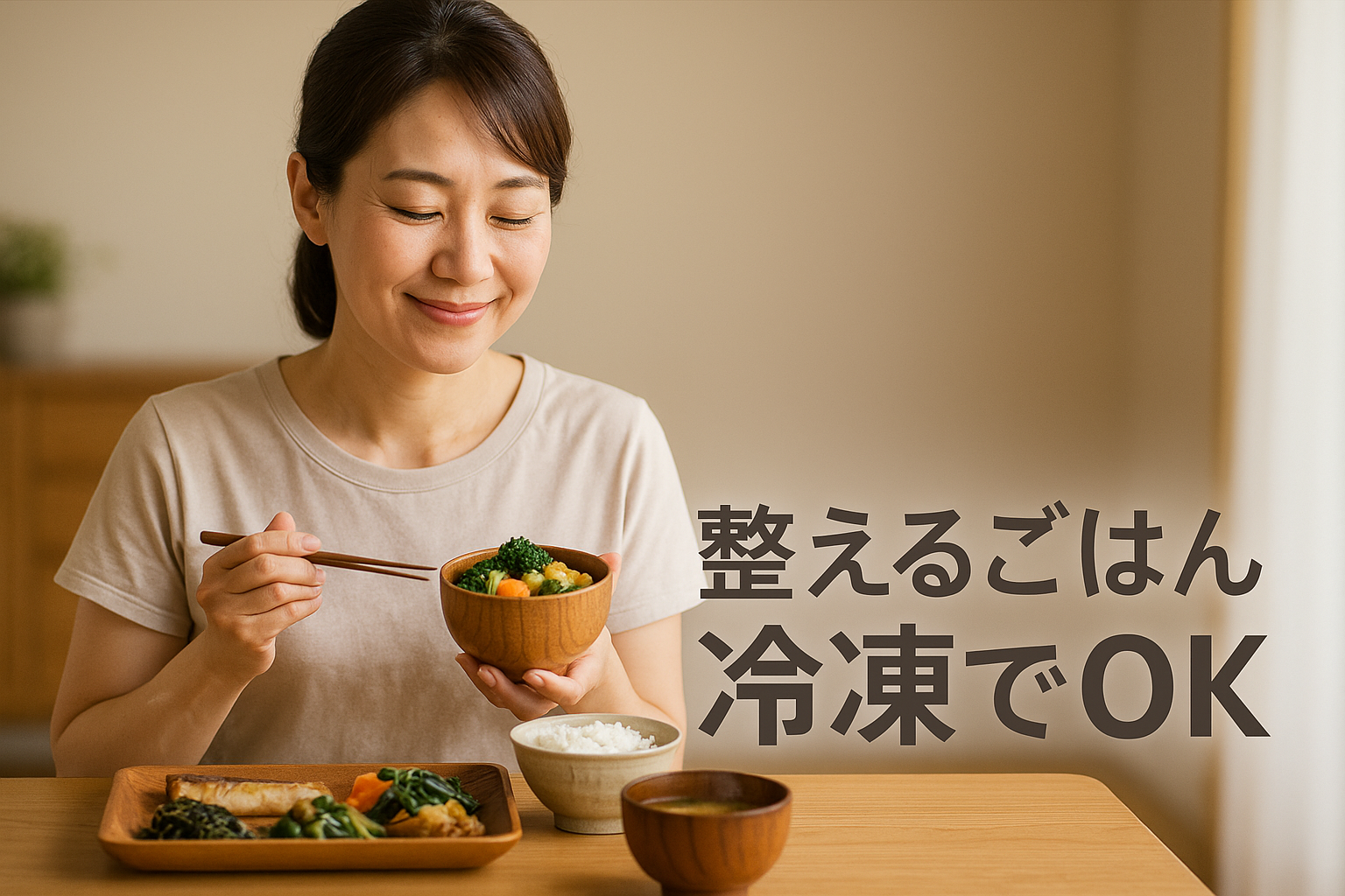 「木目のテーブルで宅配冷凍の和定食を楽しむ40代女性。優しい笑顔で味噌汁と小鉢を手に持ち、自然光が差し込む室内でリラックスした雰囲気。」
