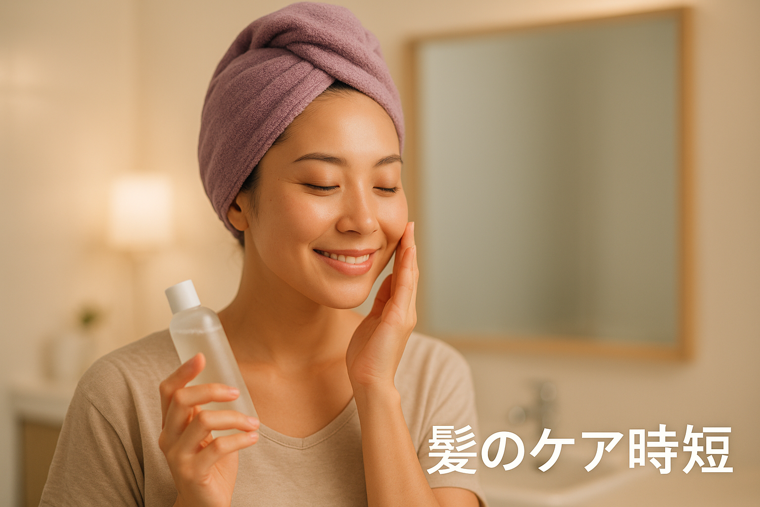 「お風呂上がりの30代女性が、ベリー色のmofumoナイトケアタオルで髪をすべて包み、清潔感のある洗面所でリラックスした笑顔でスキンケアをしている様子。暖色系の柔らかい光が当たり、温かみのある雰囲気が漂う。」