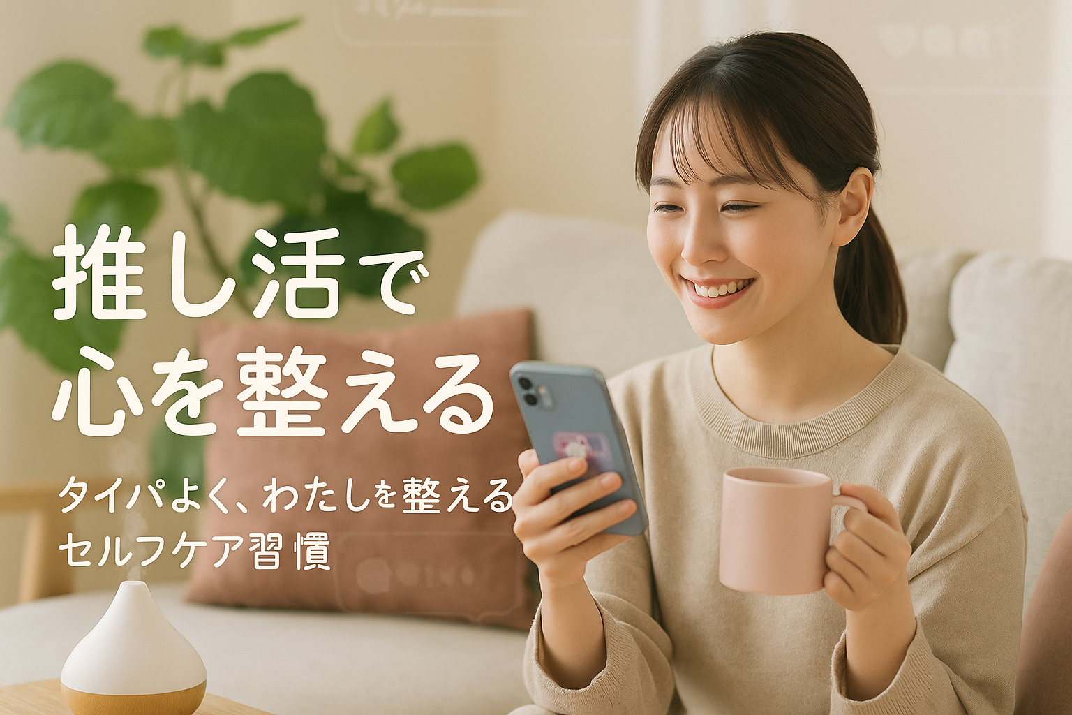 「ベージュの服を着た20代女性が、ソファに座ってスマホを見ながら微笑んでいる。左手にはピンクのマグカップを持ち、前にはアロマディフューザー。背景には観葉植物とクッションがあり、画面左に『推し活で心を整える』『タイパよく、わたしを整えるセルフケア習慣』という日本語テキストが表示されている。」