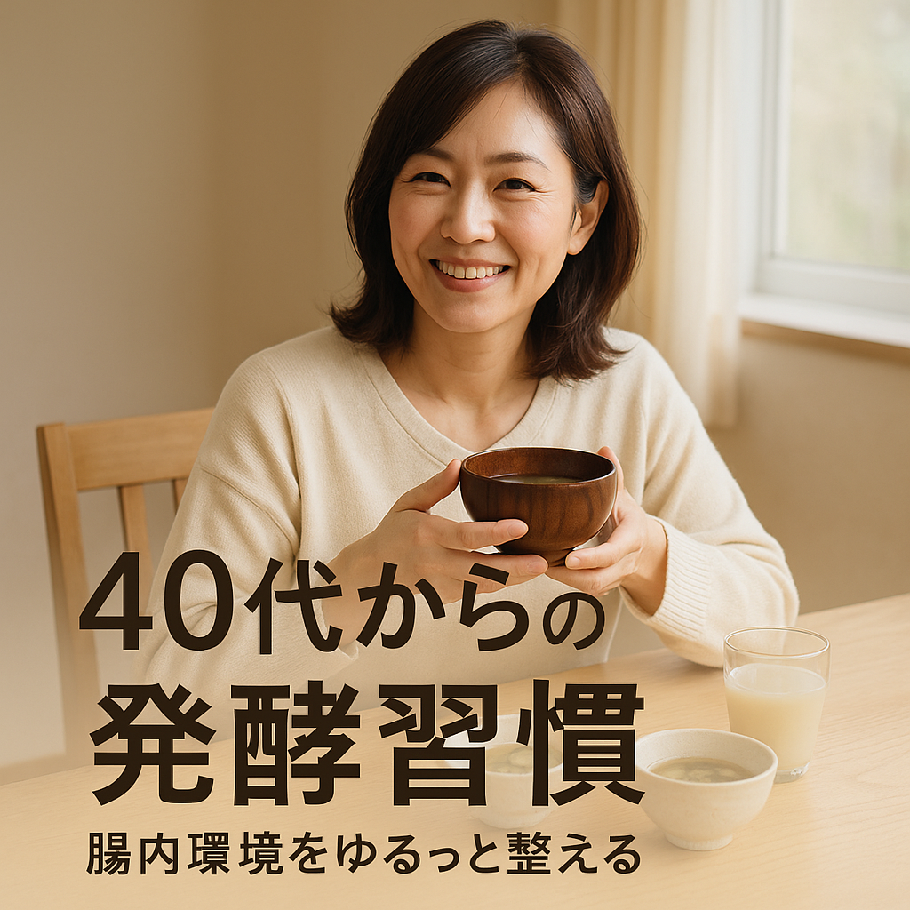 朝の光が差し込むな妙齢の女性がお椀を持っている。画面左下に「40代からの発酵習慣」のテキスト