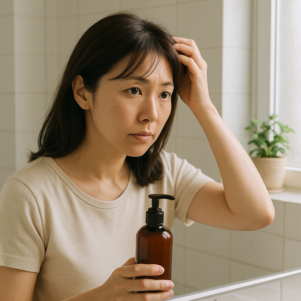 白髪を気にして鏡を見つめる30〜40代の日本人女性が、洗面所で茶色のシャンプーボトルを手に持っている様子。自然光が差し込む清潔感のある空間で、セルフケアに意識を向けている落ち着いた雰囲気。