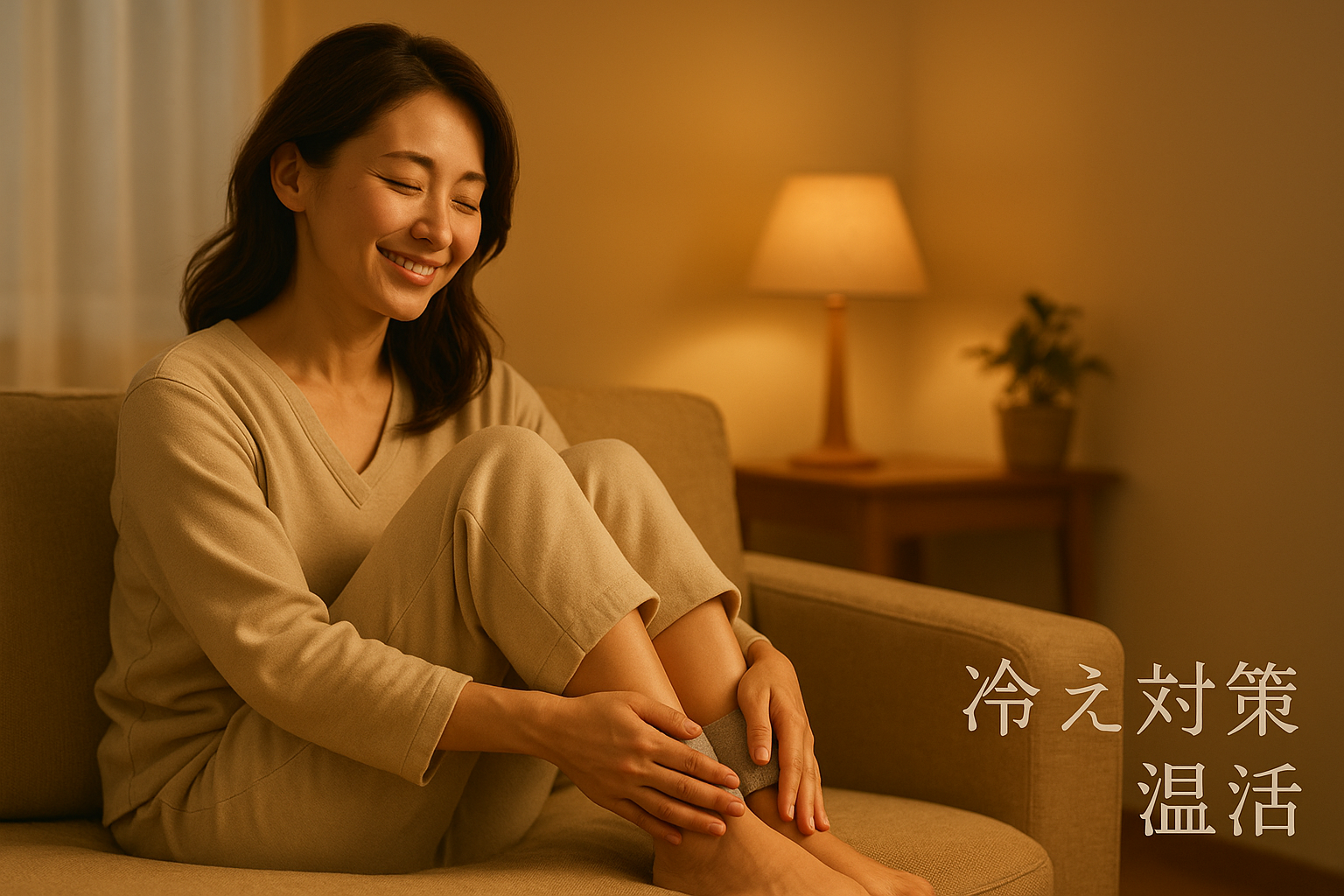 35歳の日本人女性が、明るくナチュラルな雰囲気のリビングでベージュ色の遠赤外線フリーバンドを足首に巻き、柔らかなコットンの部屋着姿でソファに座り、優しい笑顔を浮かべている様子。暖色系の夕方の光が部屋全体と彼女の頬を温かく照らしている。