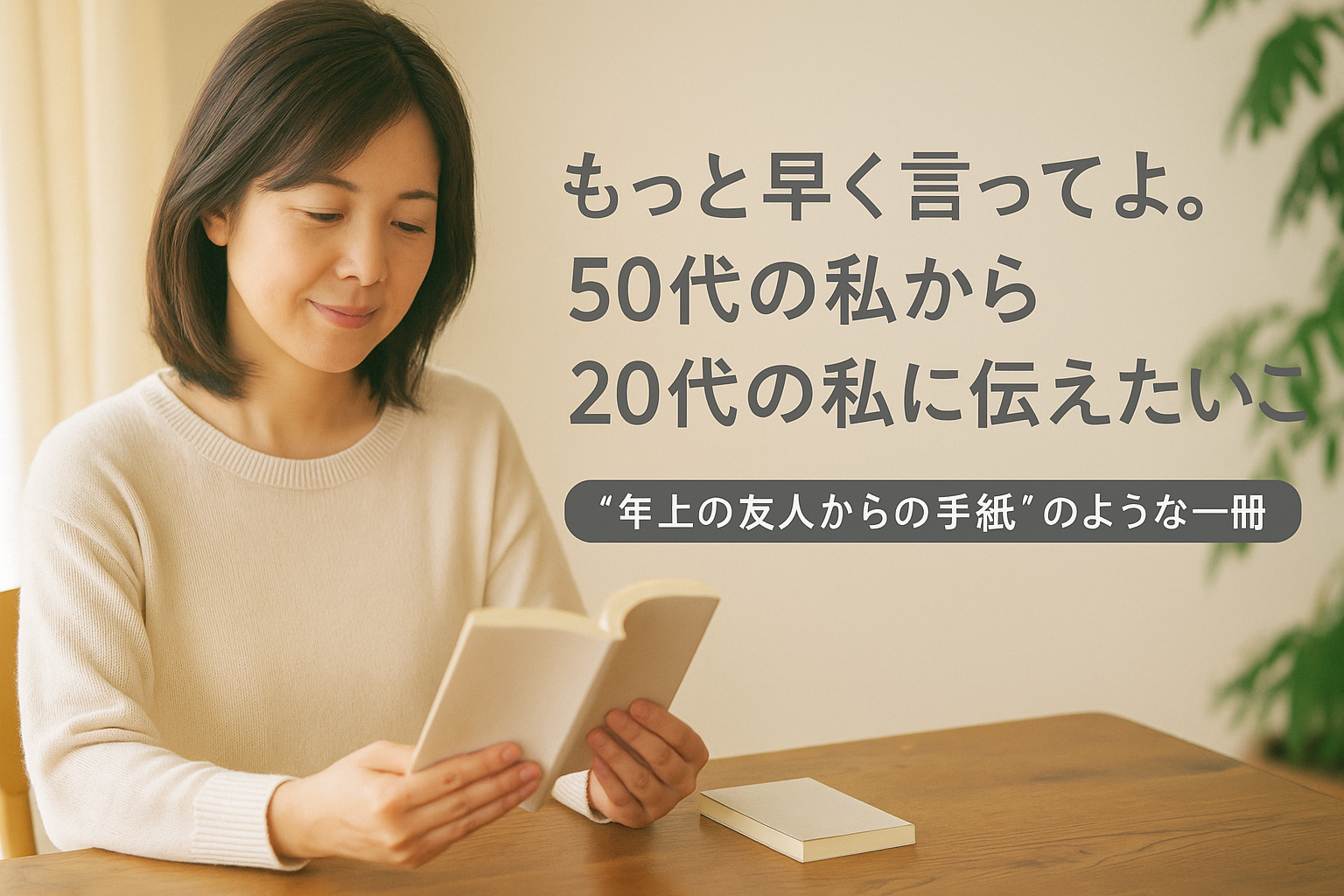 本を手に穏やかに微笑む40代女性。木のテーブルと観葉植物のある部屋で、柔らかな光に包まれながら、文庫本を静かに読む様子。“もっと早く言ってよ。50代の私から20代の私に伝えたいこと”というテキスト付き。