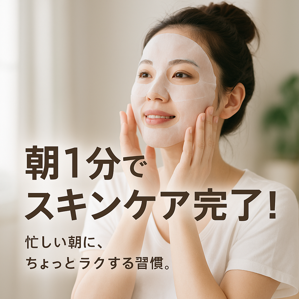 朝の洗面所でシートマスクを貼った若い女性が笑顔でスキンケアをしている様子。「朝1分でスキンケア完了！忙しい朝に、ちょっとラクする習慣。」という日本語テキスト入り。