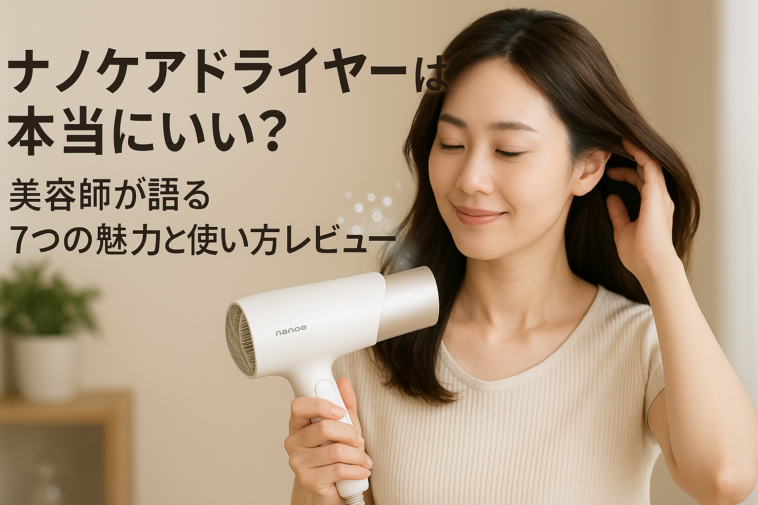 パナソニック ナノケア風のドライヤーで髪を乾かす30代女性が微笑む様子。「ナノケアドライヤーは本当にいい？美容師が語る7つの魅力と使い方レビュー」という日本語テキストが左側に表示された、時短美容をテーマにしたプロモーション画像。