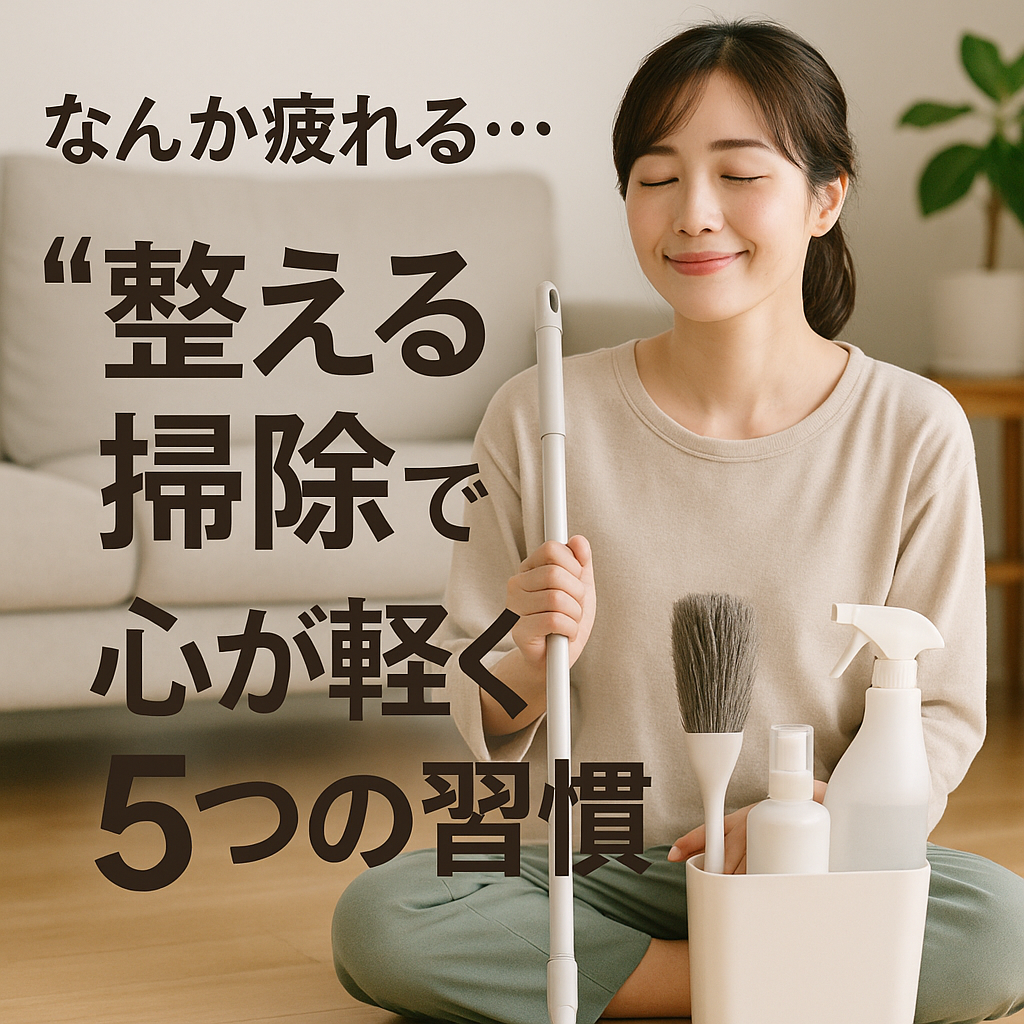 リビングで掃除道具を手に穏やかに微笑む女性。“整える掃除で心が軽くなる5つの習慣”という日本語テキスト入りのアイキャッチ画像