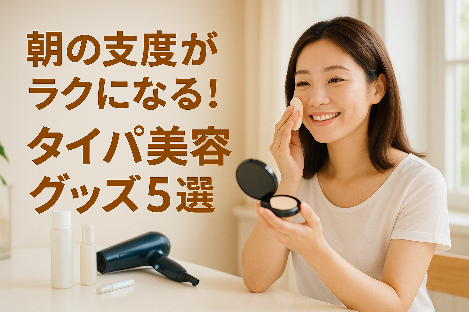 30代の日本人女性が朝の支度をしながら笑顔でコンパクトファンデーションを使っている様子。ドレッサーにはドライヤーやスキンケアボトルが並び、横には「朝の支度がラクになる！タイパ美容グッズ5選」と日本語のテキストが表示されている。