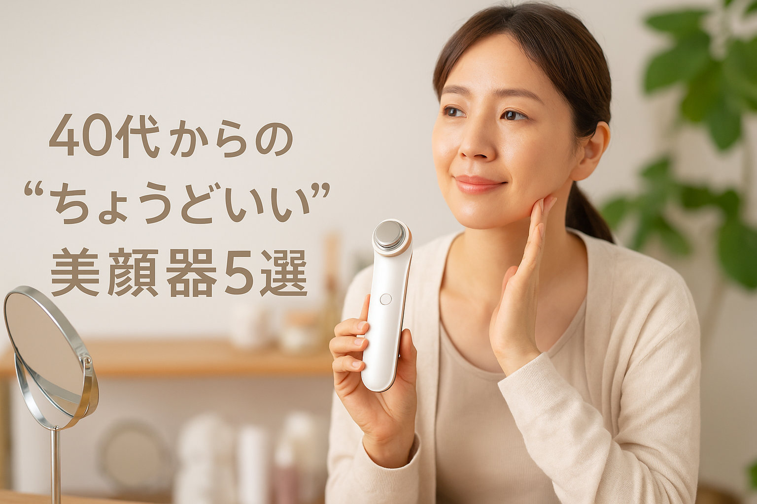 「40代の日本人女性が美顔器でセルフケアを行う様子。ナチュラルな部屋でくつろぎながら肌ケアする横長画像」