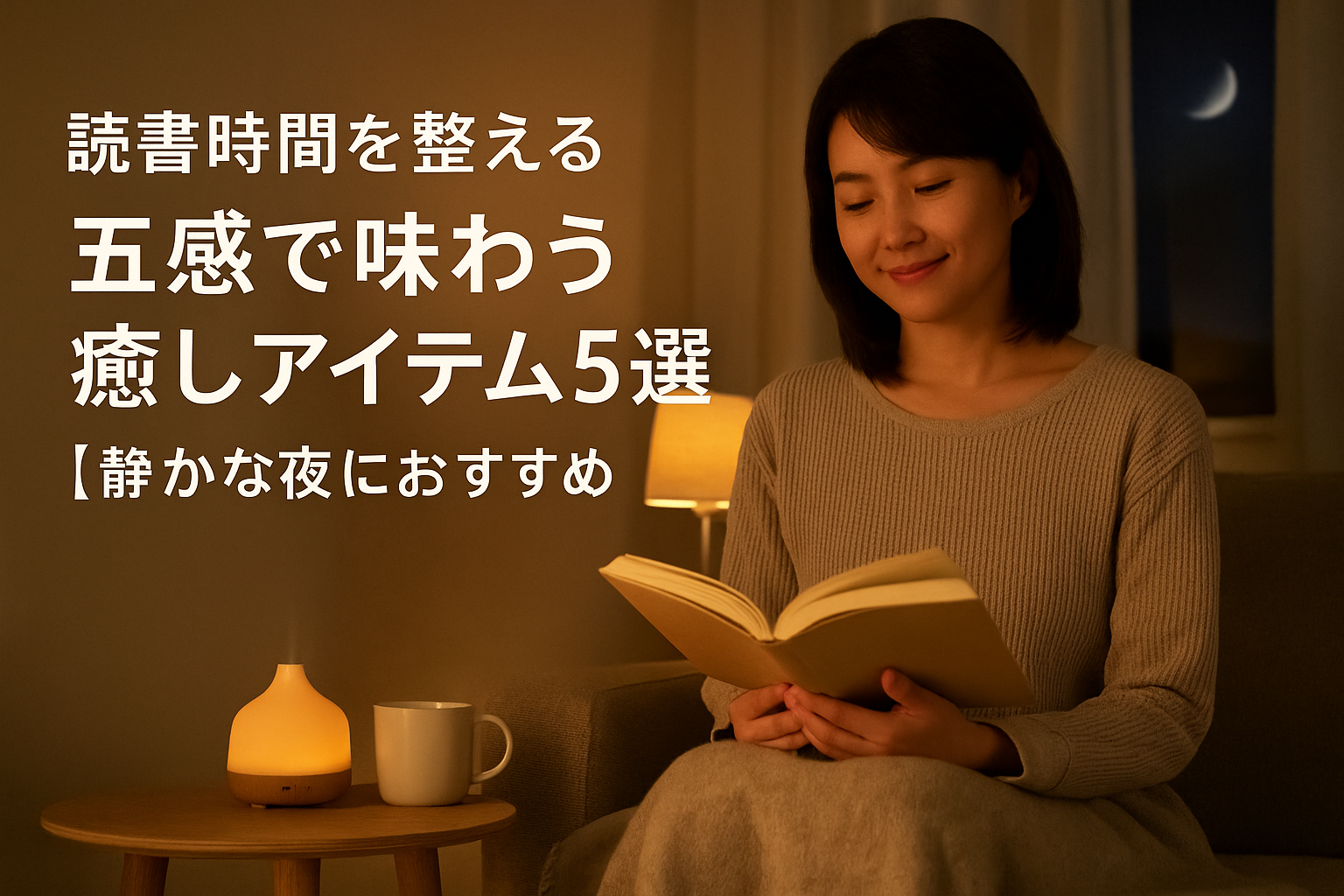 静かな夜のリビングで読書を楽しむ日本人女性。膝にブランケットをかけ、アロマディフューザーとマグカップがそばに置かれた穏やかな雰囲気の中、「読書時間を整える｜五感で味わう癒しアイテム5選【静かな夜におすすめ】」という日本語テキストが表示されている。