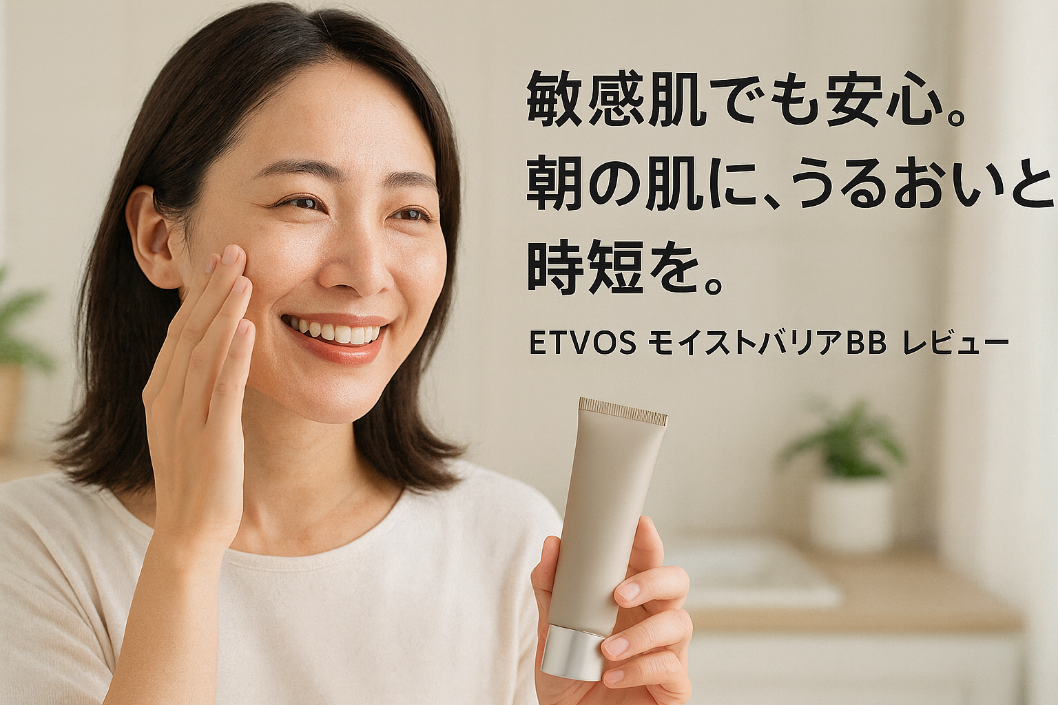 微笑む女性がBBクリームを手に持ち、肌に塗るしぐさをしている。背景は白く清潔感のある室内。右側には「敏感肌でも安心。朝の肌に、うるおいと時短を。ETVOS モイストバリアBB レビュー」という日本語テキストが配置されている。