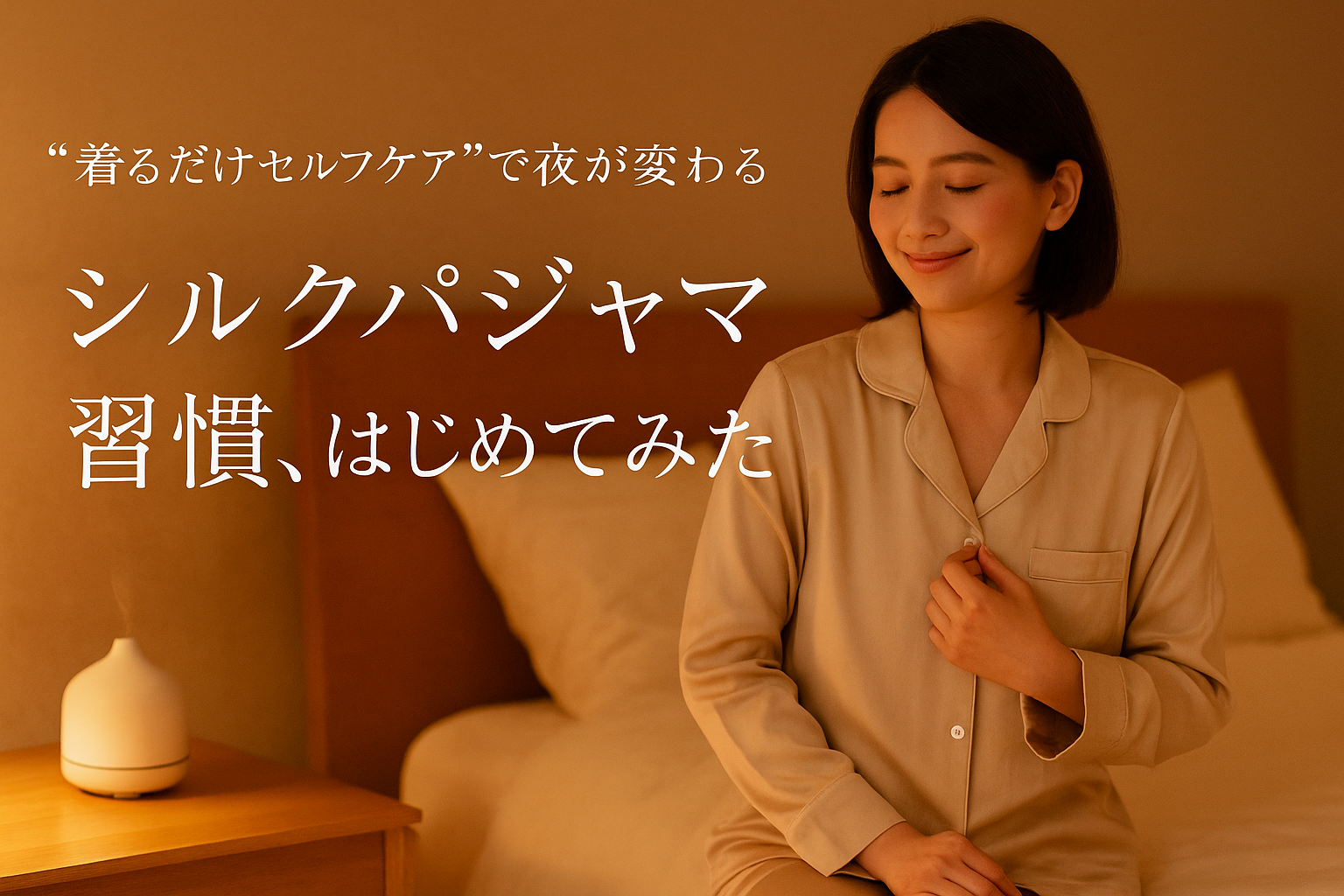 シルクパジャマを着てリラックスする30代の日本人女性が、ベッドサイドで微笑んでいる。ナイトルーティンのセルフケアを象徴する落ち着いた雰囲気の写真。