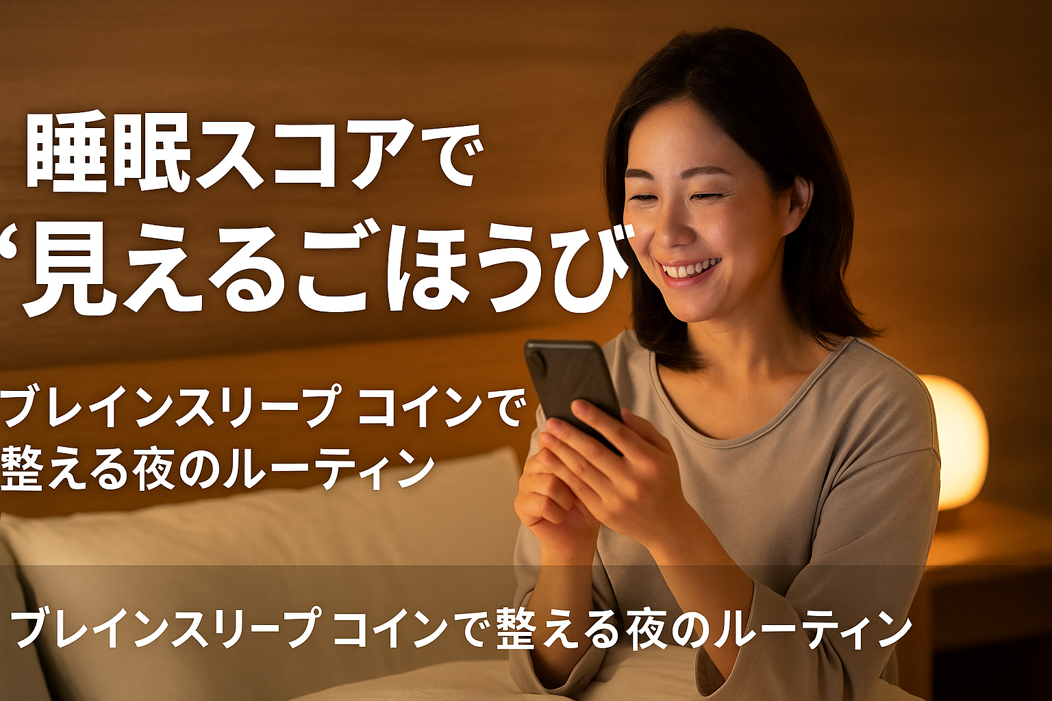 ベッドの上でリラックスしながらスマートフォンを見る40代女性。ナチュラルな寝室で、穏やかな笑顔を浮かべて“睡眠スコア”をチェックしている様子。睡眠ルーティンの一環として可視化習慣を楽しんでいる雰囲気