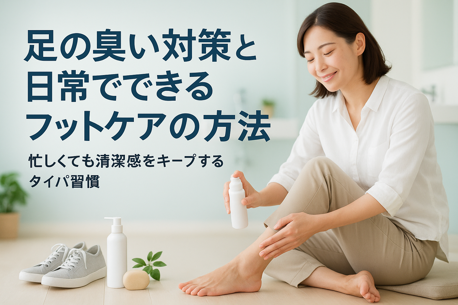 足の臭い対策と日常のフットケアをイメージしたアイキャッチ画像。 30代の女性が白いシャツとベージュのパンツ姿で、リビングで足に消臭スプレーを使いながらリラックスしている。 周囲には白いスニーカーや石けん、観葉植物があり、清潔で爽やかな雰囲気。