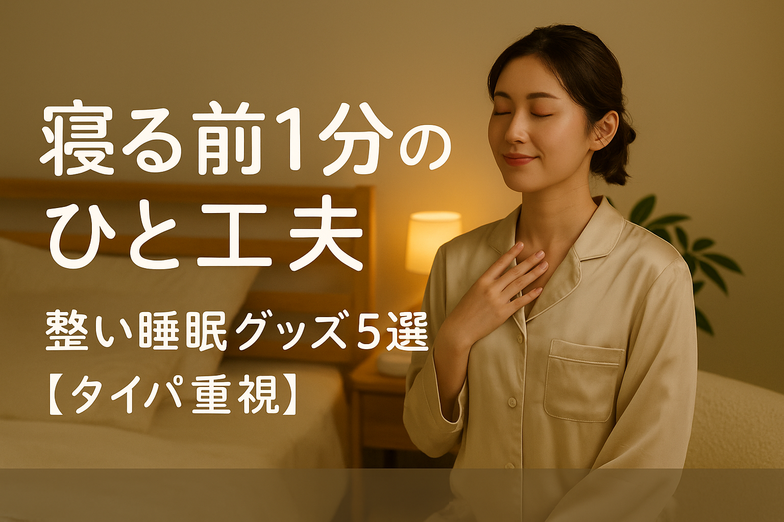 寝室でリラックスするパジャマ姿の女性。ベッドサイドで目を閉じ、穏やかな表情で深呼吸している様子。「寝る前1分のひと工夫｜整い睡眠グッズ5選【タイパ重視】」という日本語テキスト入り。