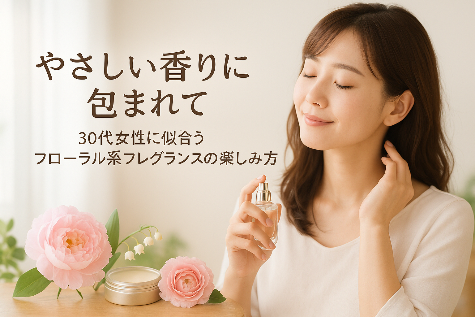 目を閉じてやさしく香水を首元につける30代の女性。テーブルにはピオニーやスズランの花、練り香水が置かれ、淡い光が差し込む部屋の中でリラックスした雰囲気。画像には『やさしい香りに包まれて　30代女性に似合うフローラル系フレグランスの楽しみ方』という日本語テキスト入り。