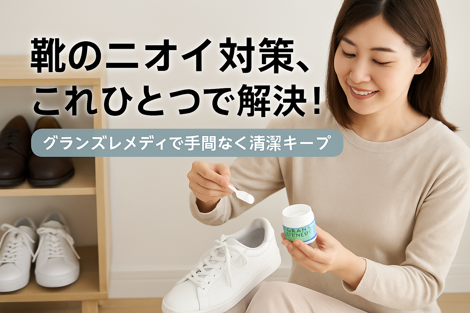 「30代の女性が白いスニーカーにグランズレメディのパウダーをふりかけている様子。明るく整理された玄関で、清潔感のある靴ケアを行っているシーン