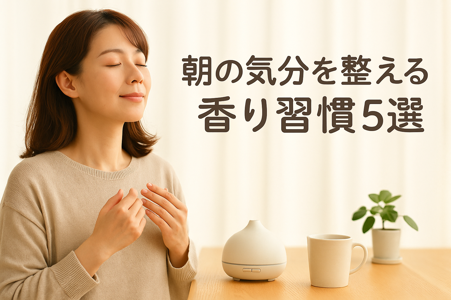 朝の光が差し込む室内で、目を閉じて深呼吸をする30代女性。木のテーブルにはアロマディフューザーと白いマグカップ、観葉植物が置かれており、「朝の気分を整える 香り習慣5選」という日本語テキストが表示されている。