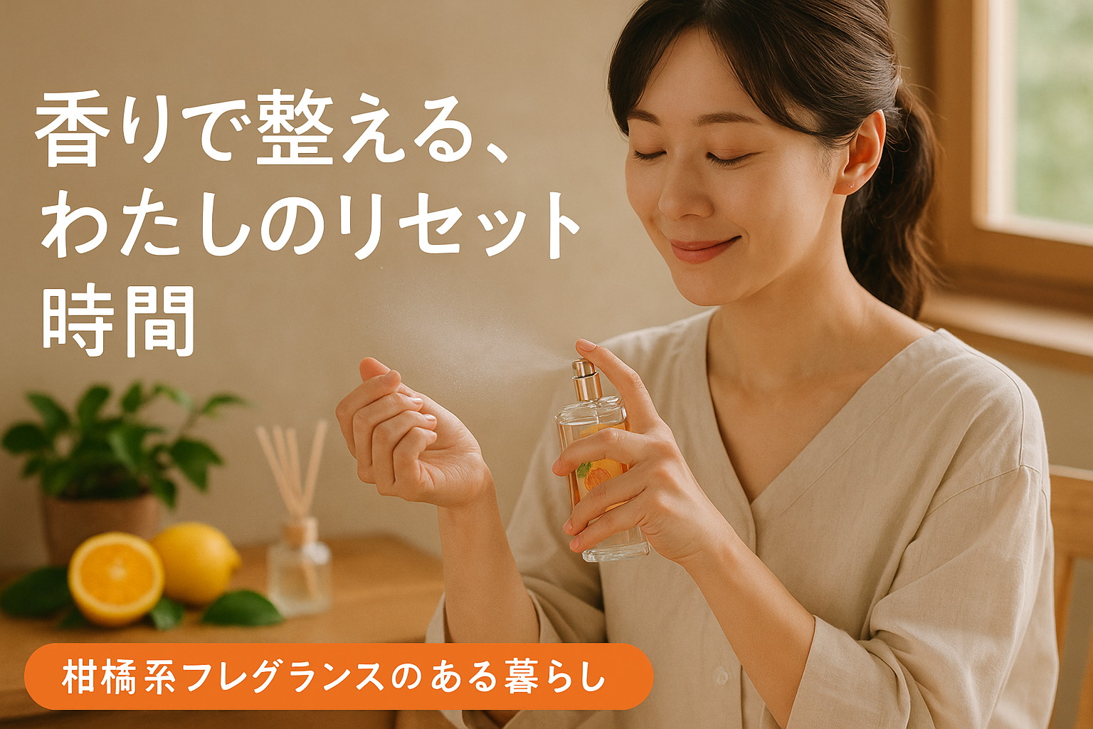 30代の日本人女性が、朝の光差し込むドレッサー前で柑橘系の香水を手首にスプレーしている様子。ナチュラルな表情で、自分時間を楽しむような穏やかな雰囲気。背景にはカットしたオレンジやディフューザーが映り、清潔感とリフレッシュ感のあるシーン