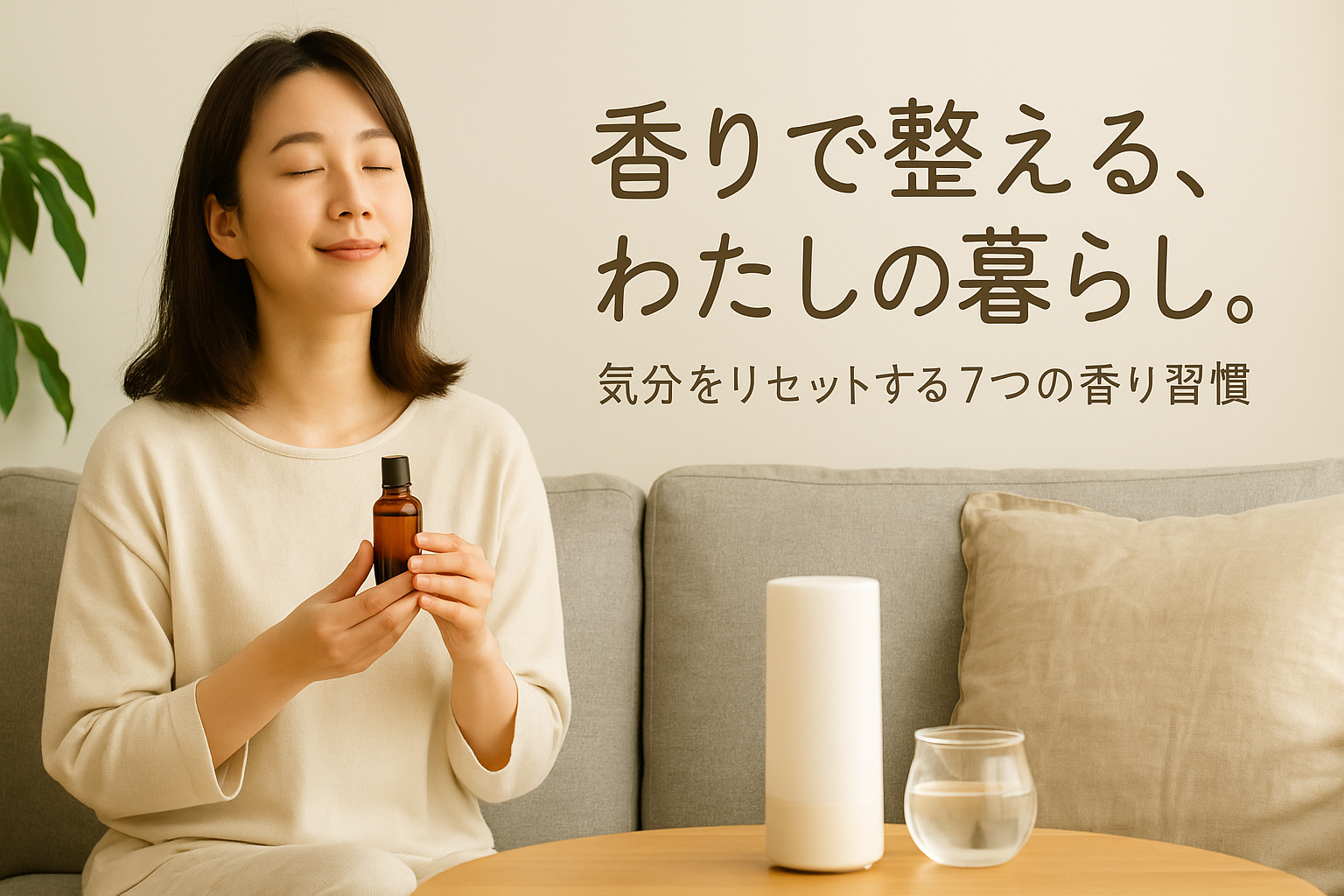 香りのある暮らしを楽しむ30代女性がソファでリラックスしている様子。手にはアロマボトルを持ち、テーブルにはディフューザーとグラスが置かれている。画像右側には「香りで整える、わたしの暮らし。気分をリセットする7つの香り習慣」という日本語テキスト入り。